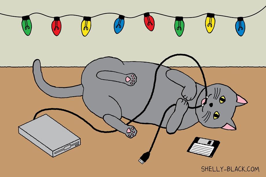 Gray cat with floppy disk, drive, and holiday lights